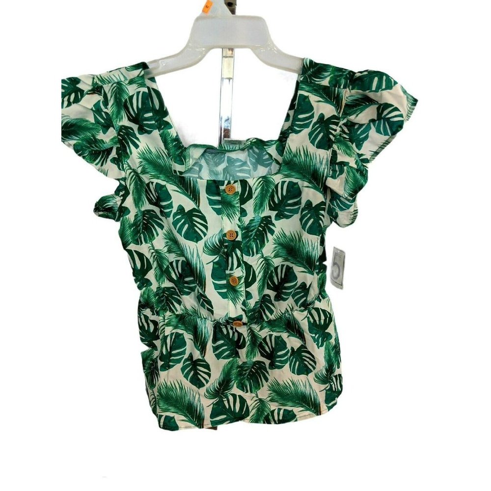Style 5 Green and White Stretch Peplum Blouse Size M NWT